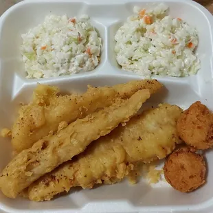 Three piece fish meal with two side of coleslaw $10.09. Coleslaw was terrible, not like it used to be