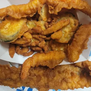 1Pollock with Clams, Zucchini instead of fries with a side of Prawns.   1 Pollock Fish &amp; Clam Strips  4 Piece Prawns  8 Piece Zucchini
