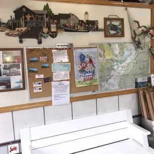 a white bench in a restaurant