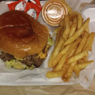 Double cheeseburger with shrimp and fries