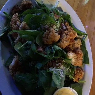 Spinach salad w/ options: breaded chicken, honey mustard dressing