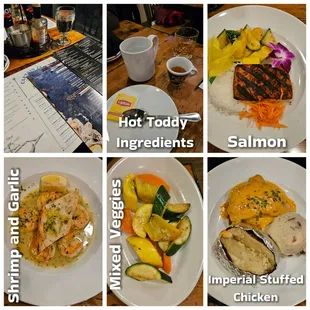 1'25'2025 Dinner: Shrimp and Garlic, Salmon, Hot Toddy and Imperial Stuffed Cocktail.
