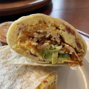 Breakfast Burrito - eggs, bacon, cheese and added hash browns and avocado.