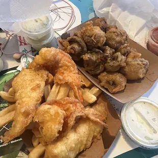 Shrimp and Fish Combo with a side of mushrooms.
