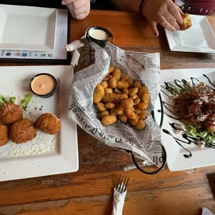 Fried Mac Balls, Cheese Curds, Kittyland Shrimp