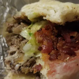 Steak, cheese, mushrooms, extra oil and seasoning and BACON BITS ON TOP