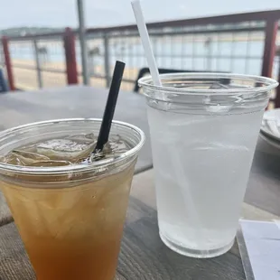 Outside, peach drink, water.