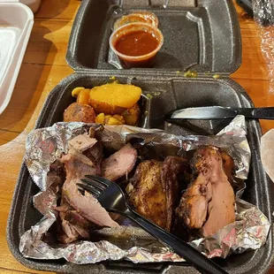 Beef brisket, chicken, and potatoes.