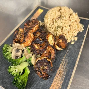 chicken, rice, and broccoli