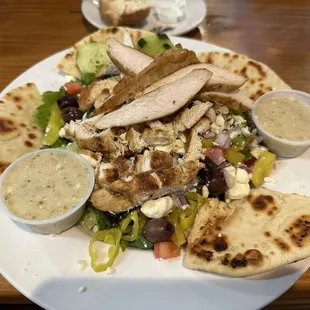 Greek salad with chicken. The bowl is huge!!