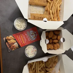 Our order:  Small Cod Dinner 2 Pcs with Macaroni Salad, and  1pc Rockfish/1pc Cod with Coleslaw. Side of Sweet Corn Nuggets!