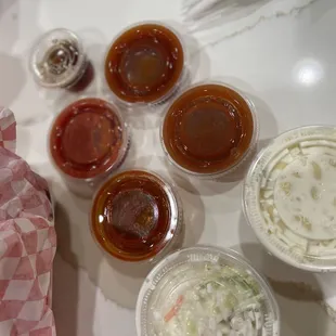 Chicago sauce, malt vinegar, Mac salad, slaw, cocktail sauce !