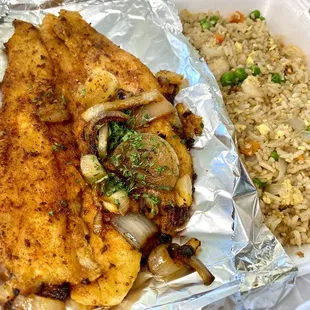 Grilled flounder with their delicious sauce.  Fried rice is surprisingly tasty too!!