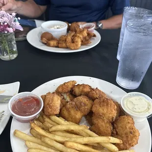 Shrimp dinner with 10 shrimp at top.  Fish and chips in front of