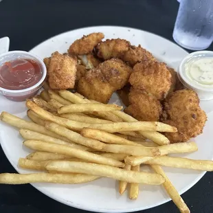 Fried fish and chips....  Nuggets?  Not sure....