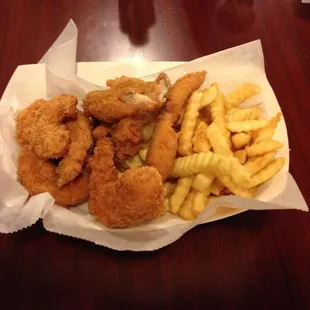 Catfish, shrimp, and fries.