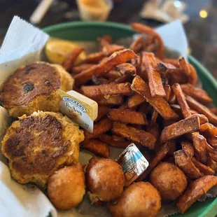 What a platter- crab cakes and sweet tator fries.
