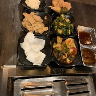 Bonchan- side dishes ... my favorite is the radish wrappers and my daughter loves the mashed potato with corn.