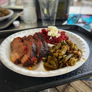 Beef Brisket Plate w Green Beans &amp; Beet Salad with Goat Cheese