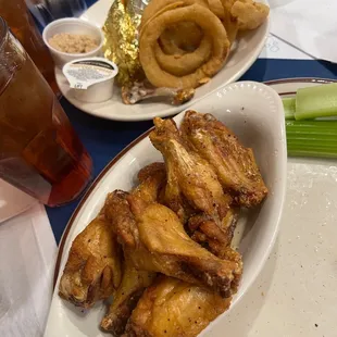 chicken wings and onion rings