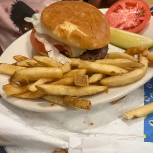 a hamburger and fries