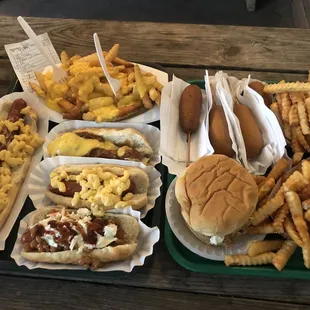 a tray of hot dogs and french fries