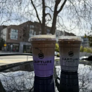 Iced Ube latte and iced black sesame latte