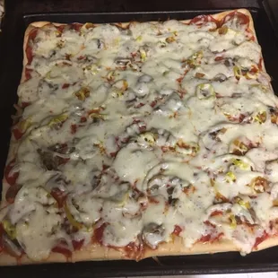 a pizza in an oven