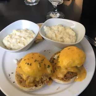 One each of the seafood Benedict extra grits. Yum