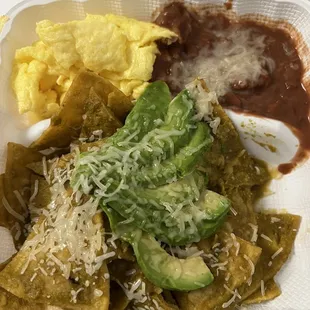 Chilaquiles verdes for takeout.  Missing sour cream. Can&apos;t go back because the restaurant is closed for the evening.