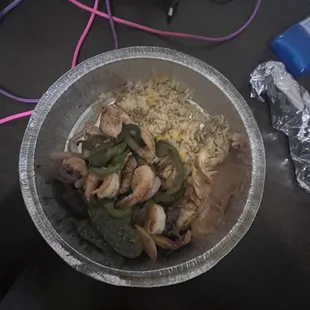 The fajita plate with shrimp, chicken and beef.