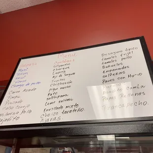 a menu on the wall