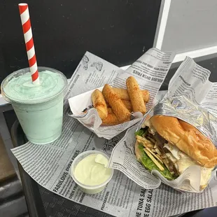 Venezuelan Burger, Pistachio Shake, Yuca Fries
