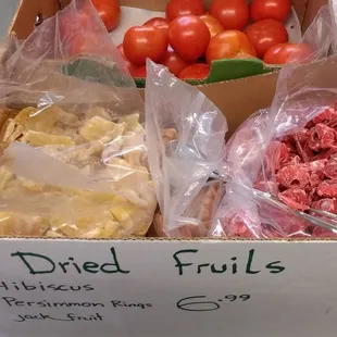 Candied jackfruit and hibiscus blossoms, and dried persimmon