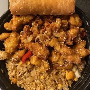Sesame Chicken combo pork eggroll and fried rice