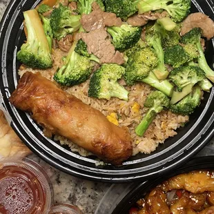 Beef and Broccoli with fried rice and eggroll (combo) IG: @bettyeatsthecity