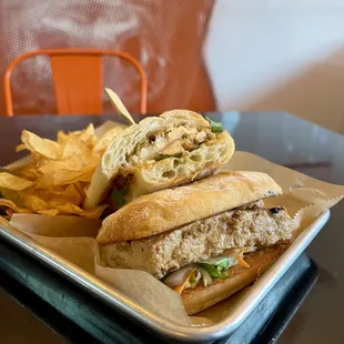 Limited Special of the Marinated Tofu Bahn Mi. Spicy pickled veggies and cilantro with marinated tofu on a Baguette.