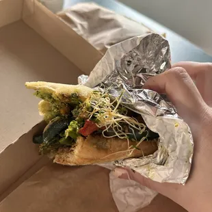 The grilled veggie sandwich, on a baguette, and w/ vegan cheese.