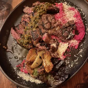 Ribeye with beet mashed potatoes