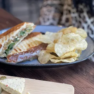 a grilled sandwich and chips