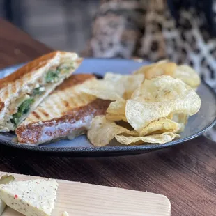 a grilled sandwich and chips