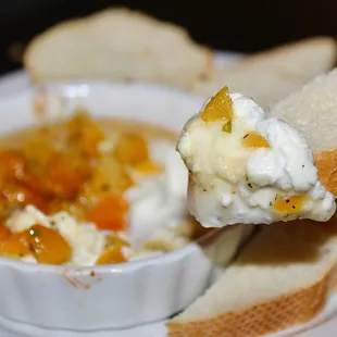 The Baked Goat Cheese was made with apples, apricots, &amp; black pepper honey, and served with ciabatta. YUM.