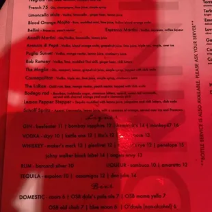 Cocktails menu