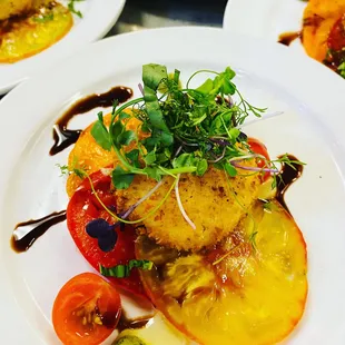 Deep fried mozzarella, heirloom tomatoes, microgreens