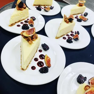 Chèvre goat cheesecake, caramelized walnuts, honeyed figs, blackberry coulis