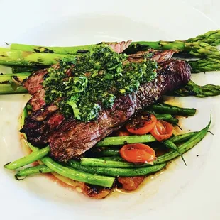 Hangar steak, chimichurri, haricot verts, blistered tomatoes, asparagus