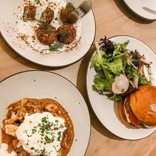 Cauliflower burrata, lamb burger and falafel