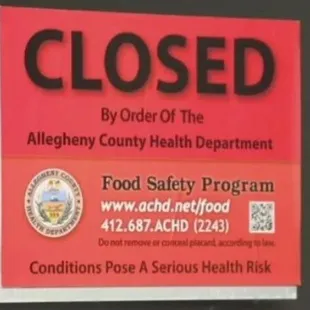 Closed by Allegheny County Health Department.