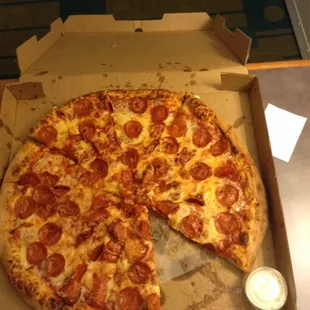 Pepperoni Pizza. Looked so good, I couldn't get a pic before my husband swiped a piece.