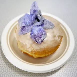Cardigan Donuts 09/24/18: Vanilla Blossom with Vanilla Bean Custard, Vanilla Bean Icing, Candied Orchid